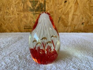 Vintage Murano Art Glass Egg Shaped Paperweight Statue Clear Red Bubbles Rare