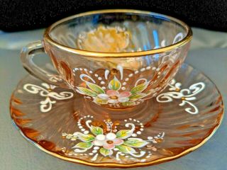 Antique Bohemian Moser Pink Glass Enamel Hand Painted Cup & Saucer Gold Floral