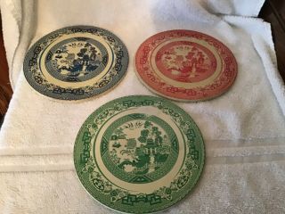 Blue Willow Pattern Set Of 7 Different Colored Hot Pad Plates Red Green Blue