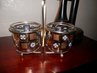 Mid Century Jeannette Glass Condiment Jars with Gold Metal Caddy 2