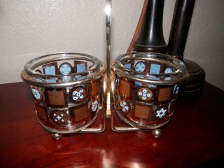 Mid Century Jeannette Glass Condiment Jars with Gold Metal Caddy 3