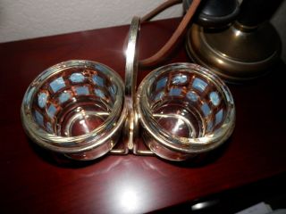 Mid Century Jeannette Glass Condiment Jars with Gold Metal Caddy 4
