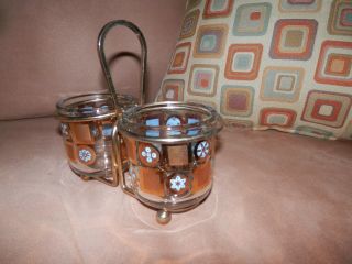 Mid Century Jeannette Glass Condiment Jars with Gold Metal Caddy 5