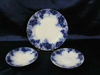 Johnson Bros Flow Blue Peach Dinner Plate (1) & Saucers (2)