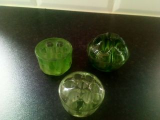 Uranium Green Glass Flower Frogs X3,  Art Deco Era,  Depression Era Glass.