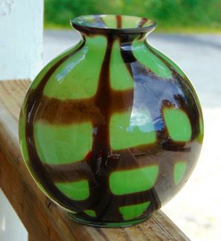 Antique Glass Vase Kralik Czechoslovakia Green Spider Web Globular 2