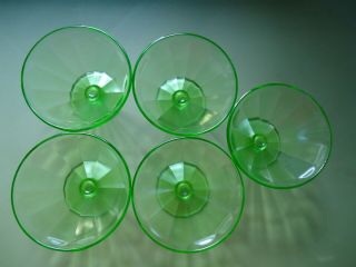 5 Green Vaseline Federal Glass Sherbets With Paneled Sides