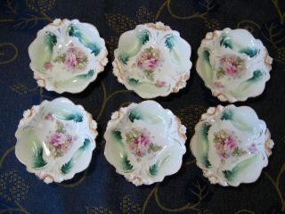 Antique Set Of 6 Rs Prussia Royal Erfurt Berry Bowls Lily Pattern W Rose Spray