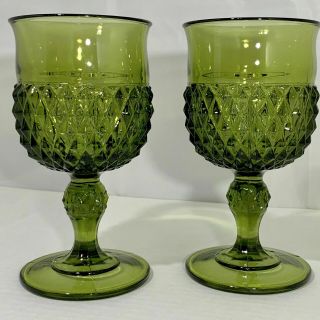 2 1940s Vintage Diamond Point Dark Green Water Goblet Indiana Glass Wide Mouth