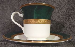 NORITAKE BONE CHINA FITZGERALD Cup & Saucer - White & Green with Gold Trim 4712 4