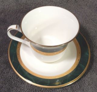 NORITAKE BONE CHINA FITZGERALD Cup & Saucer - White & Green with Gold Trim 4712 5