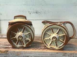 Vintage Green Frankoma Pottery Wagon Wheel Creamer Cream Pitcher & Sugar Set