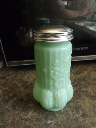 Jadite Floral & Ribbed Green Glass Sugar Shaker - 5 1/4 "