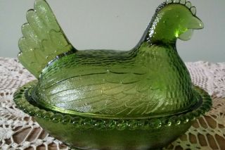 Vintage Indiana Glass Hen On Nest Green Lidded Candy/nut Dish Bowl