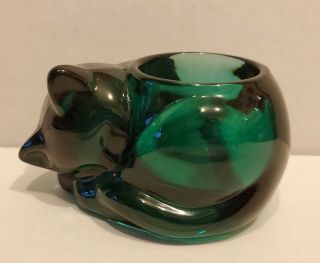 Rare Emerald Green Indiana Glass Sleeping Cat Votive Candle Holder Vintage