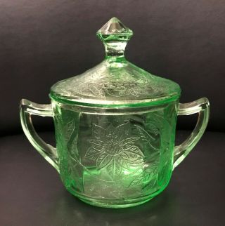 Green Floral / Poinsettia Depression Glass Sugar Bowl And Lid