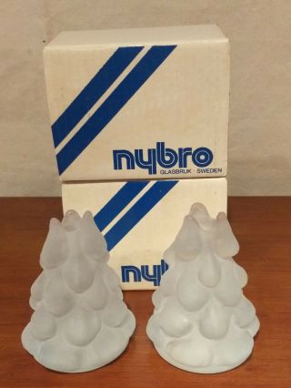 1985 Nybro Sweden Crystal Christmas Tree Frosted Art Glass Candleholders Set Mib