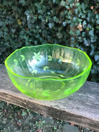 8 " Antique Vintage Lime Green Depression Glass Bowl Etched Flowers