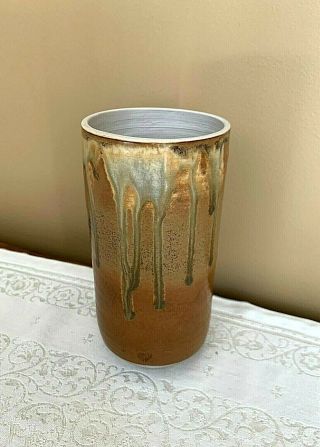 Drip Glaze Art Pottery Hand Turned Signed Brown Tan Artisan Vase