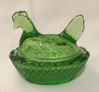 Vintage Glass Hen On A Nest Dishes - Emerald Green 3”