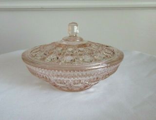 Vintage Indiana Glass Windsor Button And Cane Pink Candy Dish With Lid