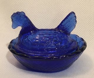 Vintage Glass Hen On A Nest Dishes - Cobalt Blue 3”
