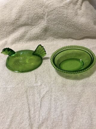 Vintage Indiana Glass Hen On A Nest Green Covered Candy Dish. 4