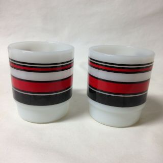 2 Vintage Fire King White Milk Glass Mug W/ Red And Black Stripes Anchor Hocking