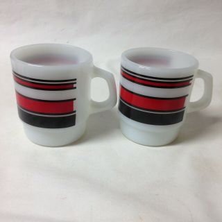 2 Vintage Fire King White Milk Glass Mug W/ Red And Black Stripes Anchor Hocking 2