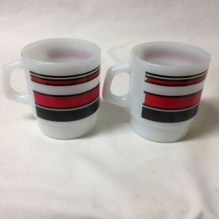 2 Vintage Fire King White Milk Glass Mug W/ Red And Black Stripes Anchor Hocking 4