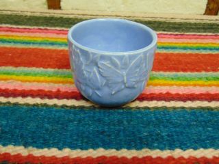 Small Vintage Nm Nelson Mccoy Pottery Blue Matte Planter W/ Butterfly Pattern