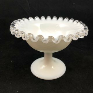 Vintage Fenton " Silvercrest " Milk Glass Crimped Edge Footed Candy Dish 4x5 "