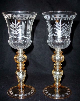 Two Iridescent Blown Etched Glass Wine Stems Possibly Italian