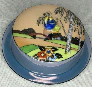 Vintage Noritake M Blue Lusterware Hand Painted Scene Round Butter Dish And Lid