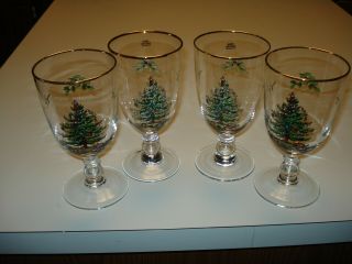 Set Of 4 Spode Glasses Water/wine Goblets Christmas Tree Pattern