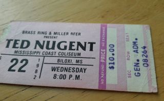 Brass Ring & Miller Beer Present Ted Nugent Concert Ticket,  September 22,  1982