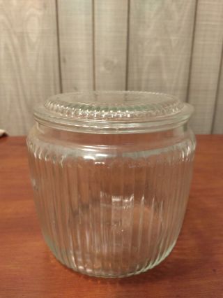 Vintage Depression Anchor Hocking Ribbed Clear Glass Cookie Jar Storage W Lid