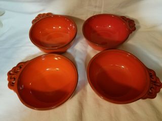 Vintage Metlox Poppytrail Red Rooster 4 Red Handled Open Soup Bowls Vgc