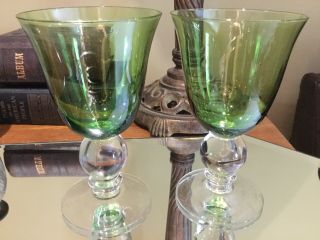 Two Goblets,  Green Bowl,  Clear Ball Stem 6 - 1/4”