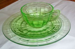 Green Depression Glass Uranium 3 Pc.  Set Tea Cup,  Saucer & Plate