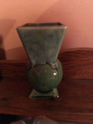 Vintage Art Deco Brush McCoy Sea Green Blue Vase 704 USA Pottery Drip 2