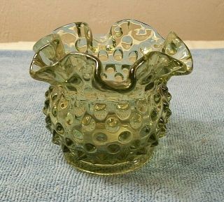 Fenton Green Glass Hobnail Ruffled Candy / Trinket Dish / Vase Rose Bowl