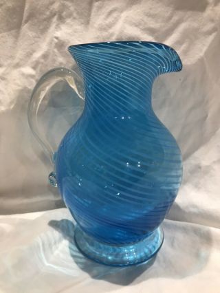 Vintage Fenton Opalescent Aqua Blue White Spiral Optic Swirl Glass Pitcher