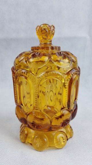 Vintage L E Smith Moon & Stars Amber Glass Low Short Footed Candy Dish Jar