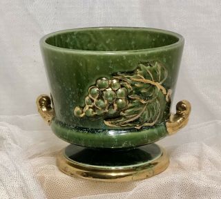 Hull Art Pottery Green Gold Planter Grapes Relief Christmas Jardiniere 1950s Mcm
