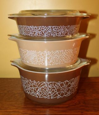 Vintage Pyrex Brown And Beige Round Glass Refrigerator Dishes & Lids