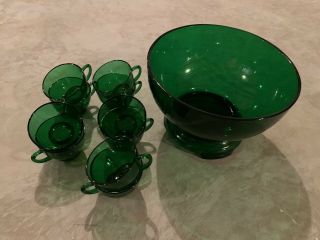 Anchor Hocking Forest Green Punch Bowl Glass Set Base 10 Cups And Punch Bowl