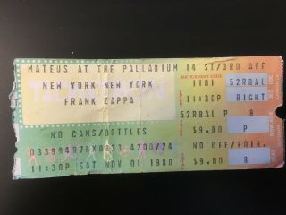 Frank Zappa Concert Ticket Stub The Palladium York City Nov 1 1980