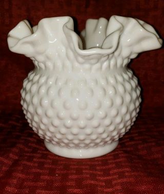 Vintage Fenton Milk Glass White Ruffled Ball Vase Hobnail Signed.  5 Inches Tall.