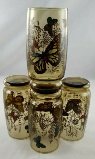 Vintage Anchor Hocking Amber Brown Butterfly Pattern Drinking Glasses - Set Of 4